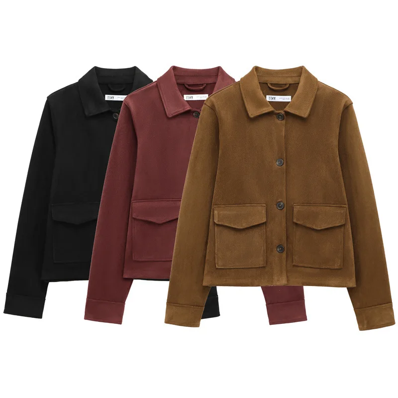 Summer New Women's Clothing Suede Texture Effect Long-sleeved Lapel Jacket Jacket