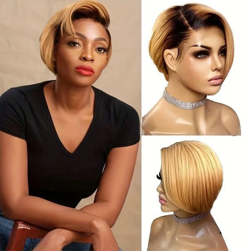 Lace Front 100%  Hair Wig Straight Bob Brown Blonde Pixie Cut Highlight Wig