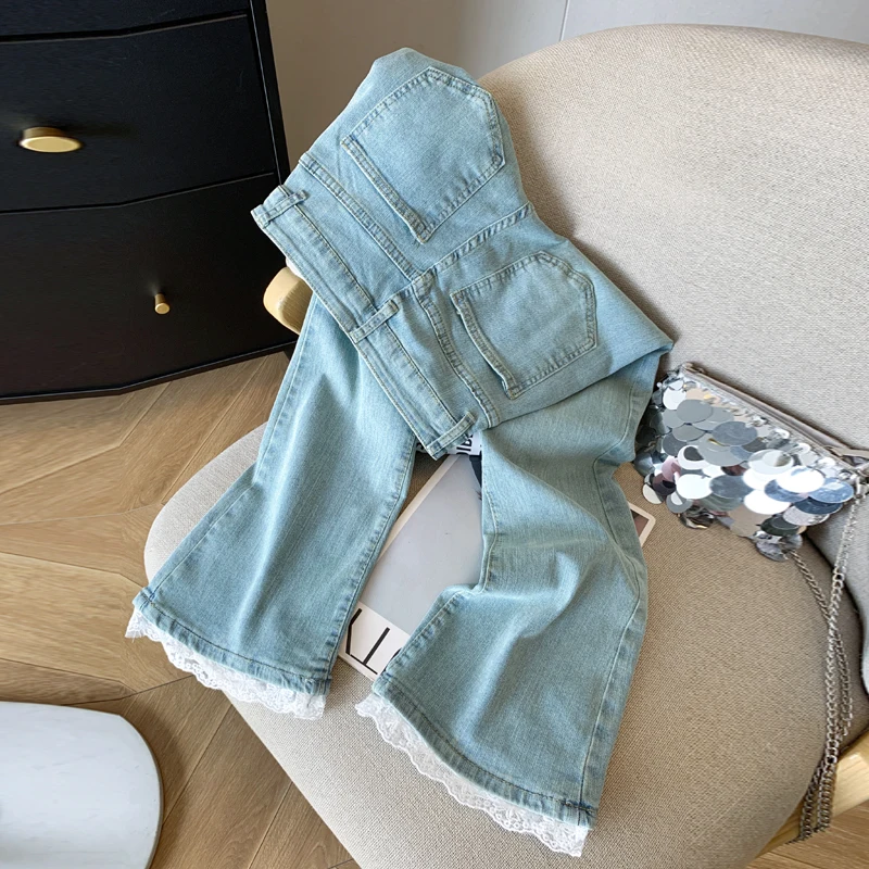 

Women Y2k Lace Flare Jeans Harajuku 90s Vintage Denim Trouser Japanese 2000s Style Elastic Skinny Jeans Pants Oversize Clothes