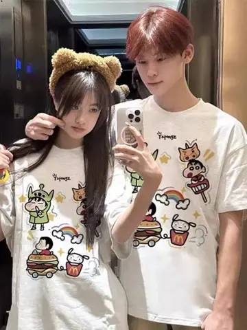 순면 순면 커플 티셔츠 여름 캐릭터 짧은 스타일 패션 디자인 감각 독특한 디자인 캐릭터 티셔츠 상의 티셔츠