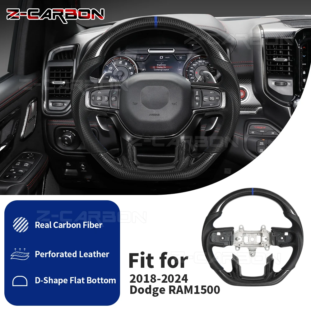Echt carbon fiber stuurwiel met blauwe stiksels voor Dodge RAM 1500 TRX1500 2018-2024 Gepersteerd lederen race stuurwiel