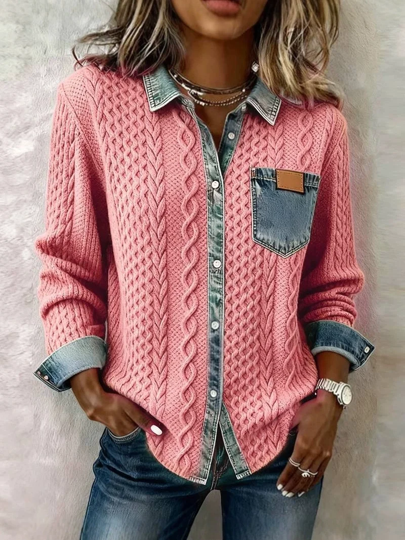 

New European American Style Knit Stitching Denim Shirt Women's Autumn Winter Fashion Joker Long-Sleeved Sweater Cardigan Coat
