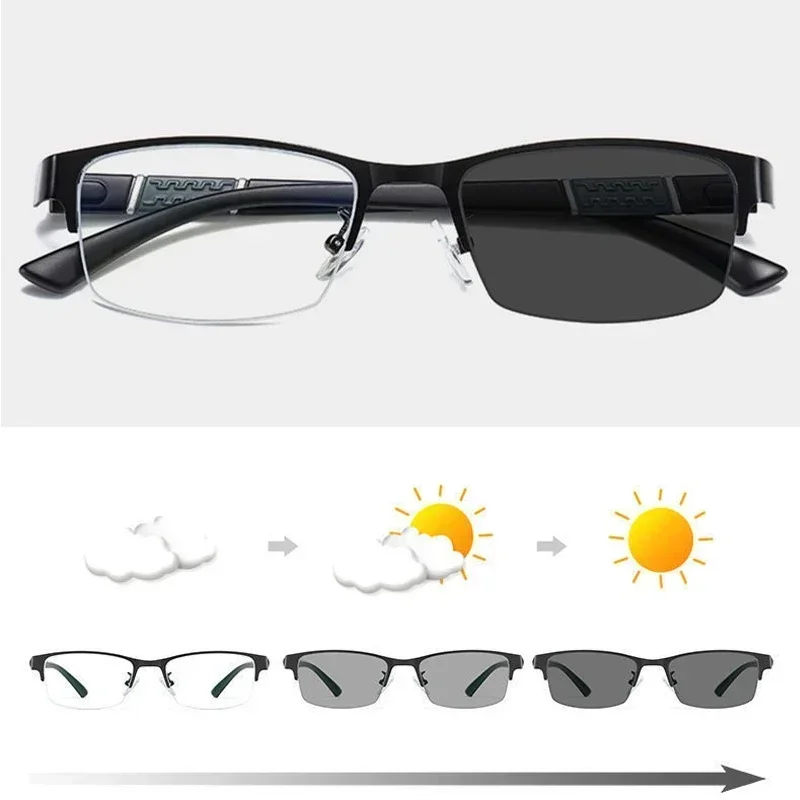 Trendy Business Half Frame Photochromic Anti-UV Sunglasses Vintage Blue Light Blocking Color Changing Minus Glasses with Diopter