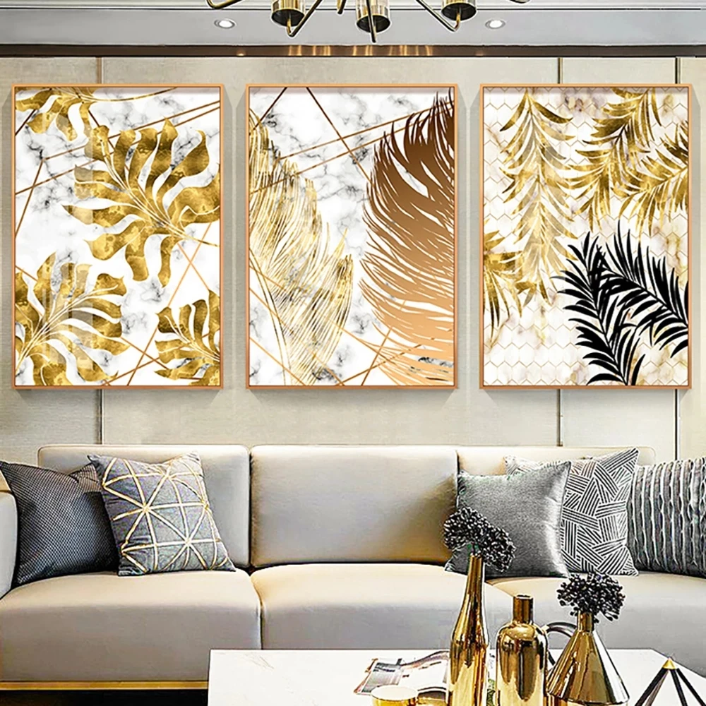 

Home Decoration 3pcs Set Abstract Gold Leaves Painting Canvas Modern Posters And Prints Wall Art Pictures For Living Room Decor