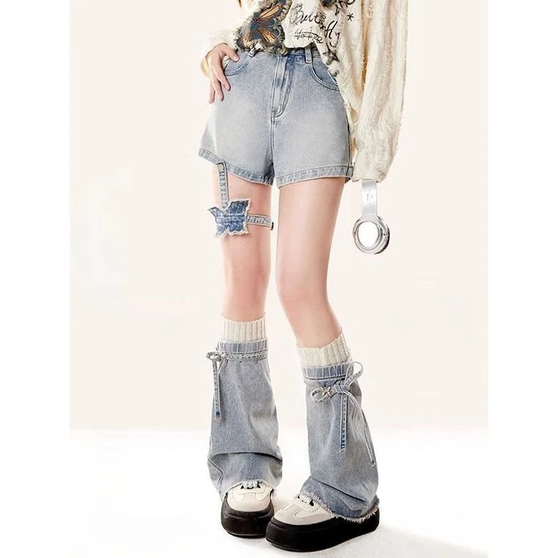 

American spicy girl butterfly strap decoration washed denim shorts y2k sweet street style, paired with leg sleeves casual pants