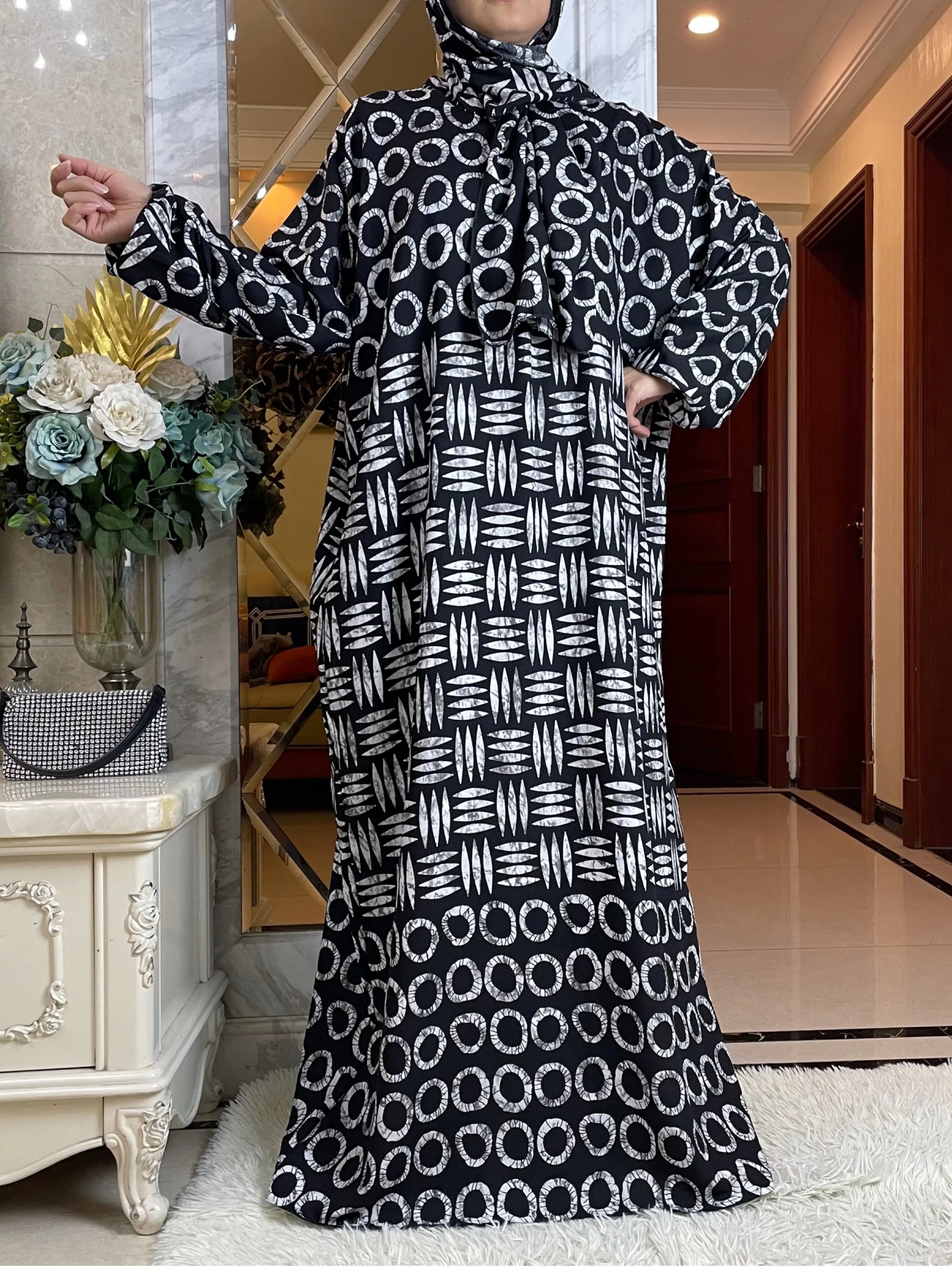 Latest African Women Summer Half Sleeve Dress With Big Scarf Collect Waist Floral Boubou Maxi Islam Cotton Elegant Abaya Clothes