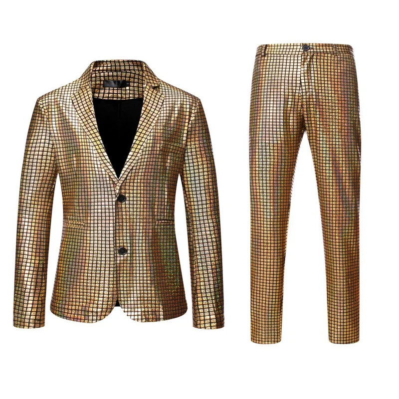 Summer New Men Rainbow Plaid Suit 2 Piece Gold / Silver Fashion Male Luxury Dance Party Performance Blazer Jacket and Pants