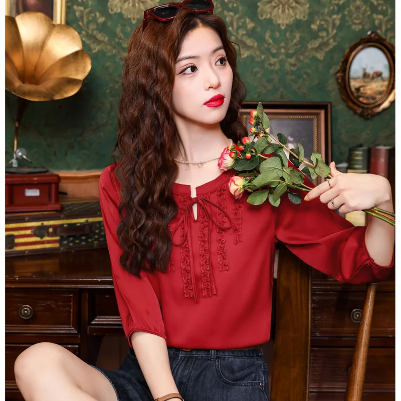 

Summer Elegant Lace Print Green Satin Blouse Women Lace-up Short Sleeve Slim Casual Shirt Ladies Office Y2K Chinese Female Tops