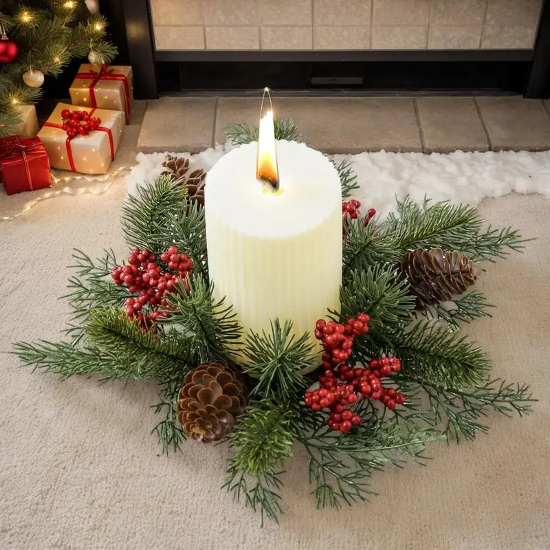 Christmas Candle Rings for Pillars Artificial Christmas Wreath Candle Rings Candle Holder Ring Red Berries Table Centerpieces