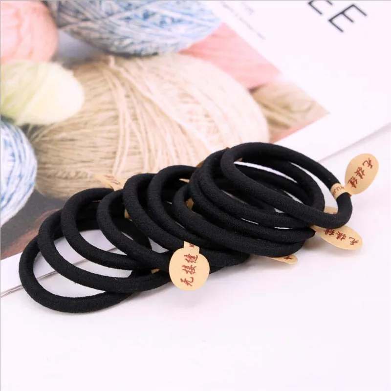 10PCS New style seamless labeling rubber band black basic hair tie high elastic hair rope 0.6 thick thread head rope