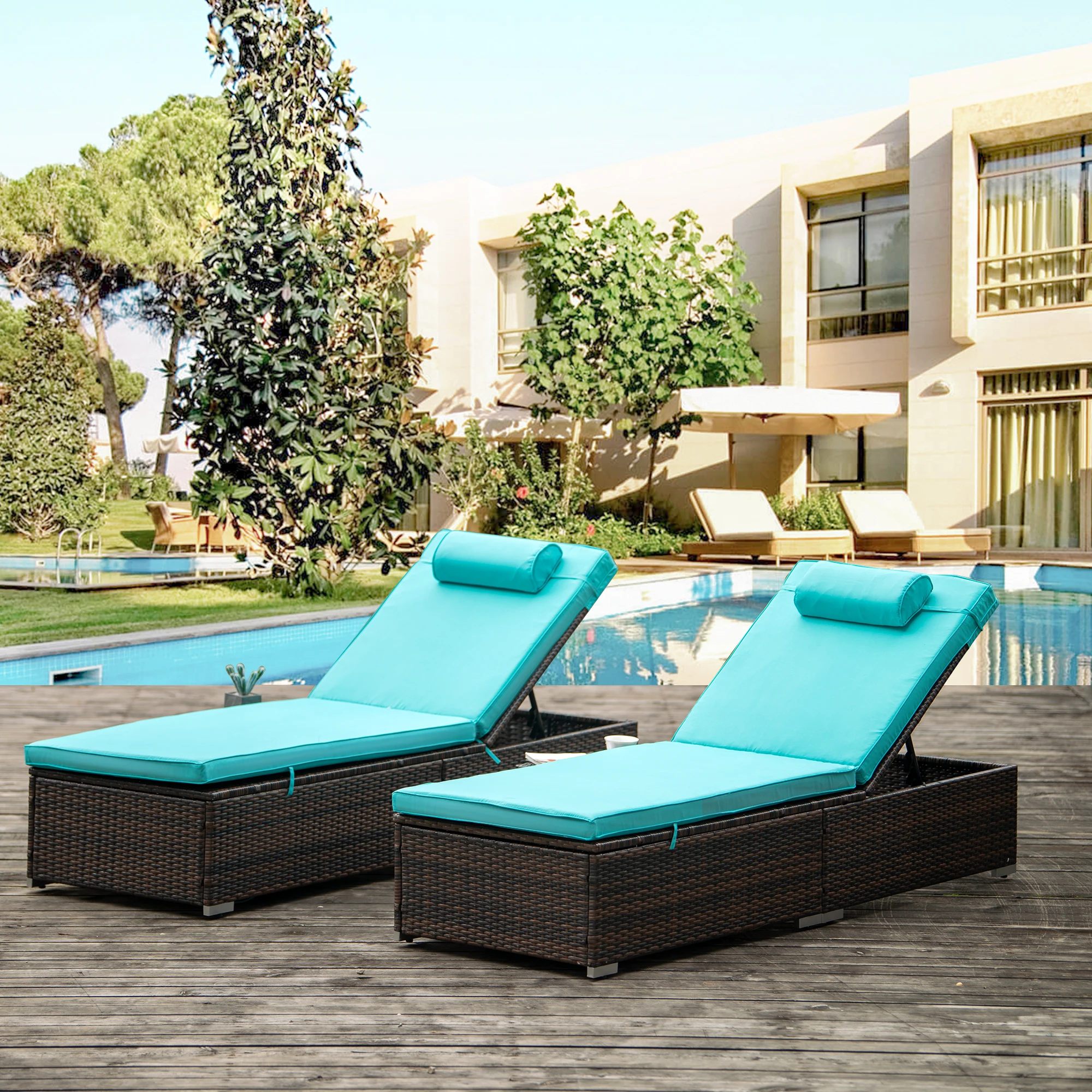 Außen PE Wicker Chaise Lounge - 2 Stück Terrasse Braun Rattan Liegestuhl Strand Pool Verstellbare Rückenlehne Liegen