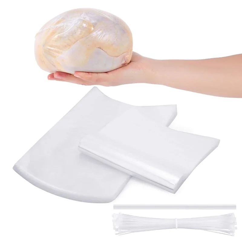 

A84E-100 Pcs Poultry Shrink Wrap Bags With Zip Ties, Silicone Straw For Chickens Rabbits Food Storage For Turkey,Chickens,