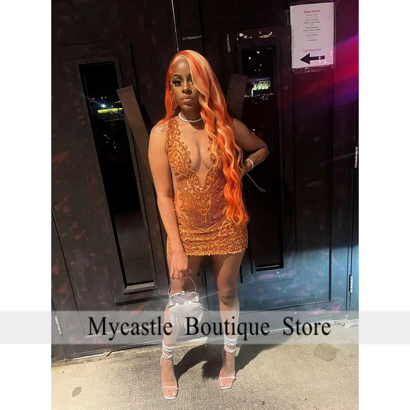 

Organge Diamond Short Prom Dresses Black Girls Birthday Party Dresses Beaded African Mini Cocktail Dresses Homecoming Customized