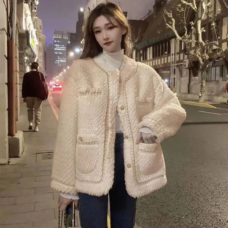 Lucyever coreano sciolto lana di agnello giacche donna autunno inverno addensato caldo peluche cappotti donna Streetwear o-collo capispalla in