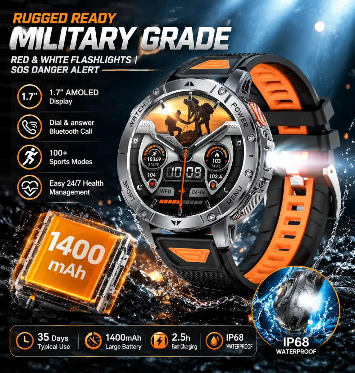 Montre connectée de sport militaire pour hommes, avec grande batterie de 1400mAh, extérieur, lampe de poche, étanche IP68, appels Bluetooth, AMOLED, nouvelle collection