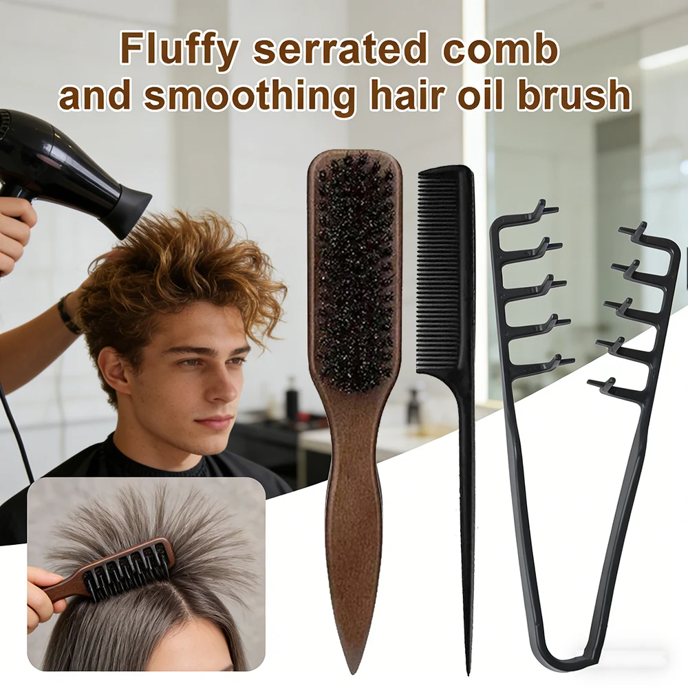 3PCS Wooden Hair Comb Set Bristle Comb for Smoothing Pointed Tail Comb for Sectioning Textured Comb for Styling Curling Dyeing