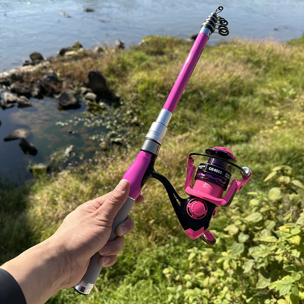 Spinnrute und Rolle Combo fr Bass Pesca Mini Teleskop-Angelruten 1,5 m 1,8  m 2,4 m Metallspule Angelrollen-Set Pink Girl - AliExpress 18