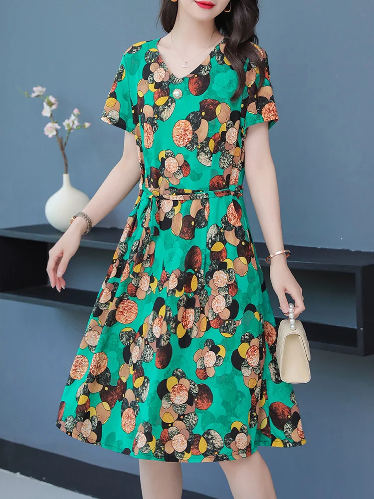 2023 Summer New Vintage short Sleeve V-Neck Floral Dress For Women  Print Dress vestido