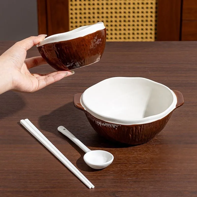 

Креативная керамическая миска для супа с двумя ручками, расписанная вручную, для домашнего использования, для лапши быстрого приготовления, фруктовых салатов, декор для стола