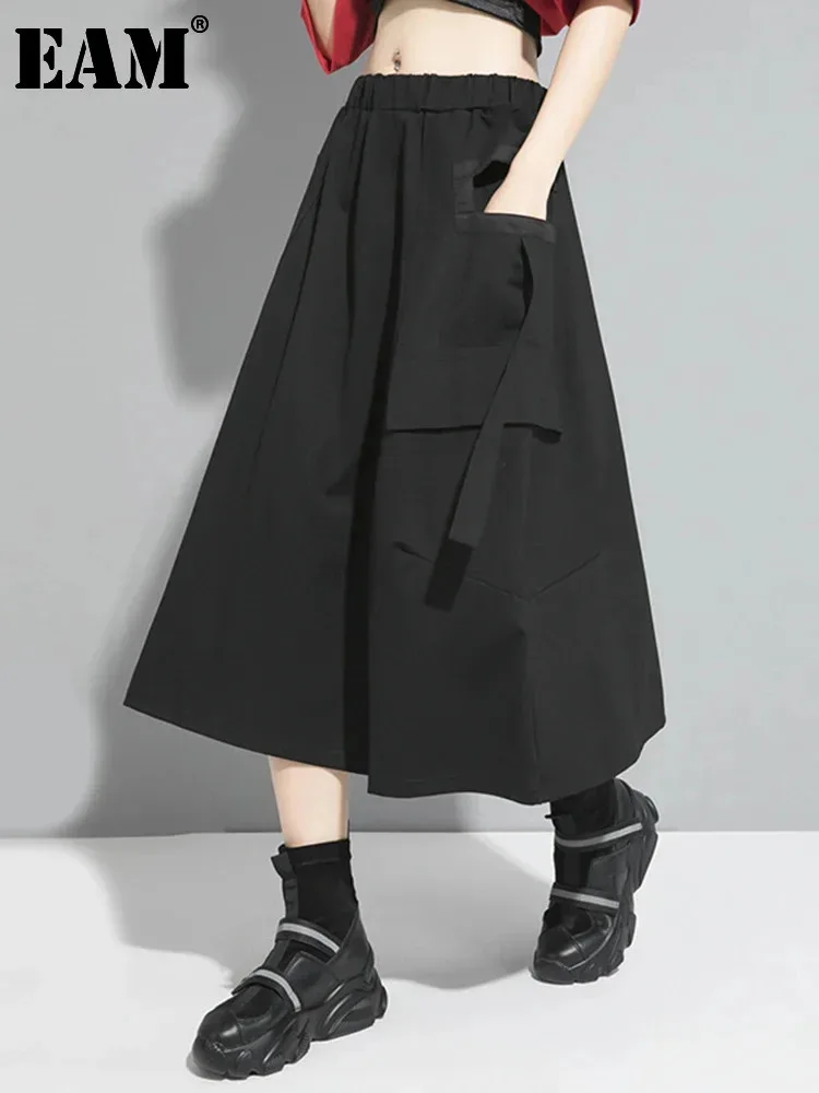 

[EAM] Hight Elastic Waist Black Pockets Ribbon Long Casual Half-body Skirt Women Fashion Tide New Spring Autumn 2024 1DF5316