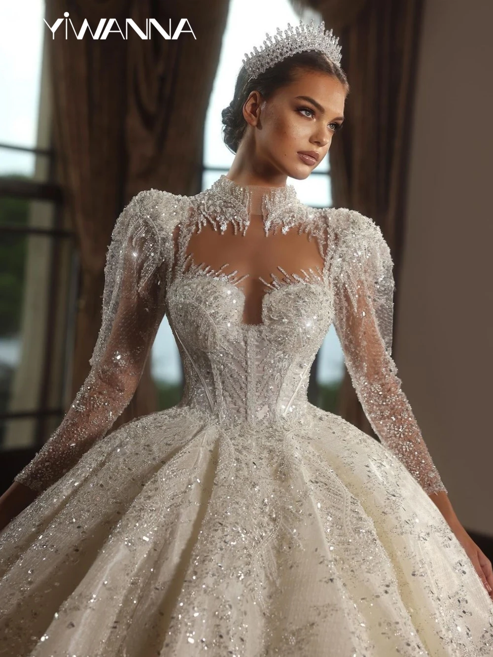 

Modest High Collar Long Sleeve Wedding Dress Luxury Beaded Pearls Bridal Gown 2025 Customized Ball Gowns Long Dresses For Bride