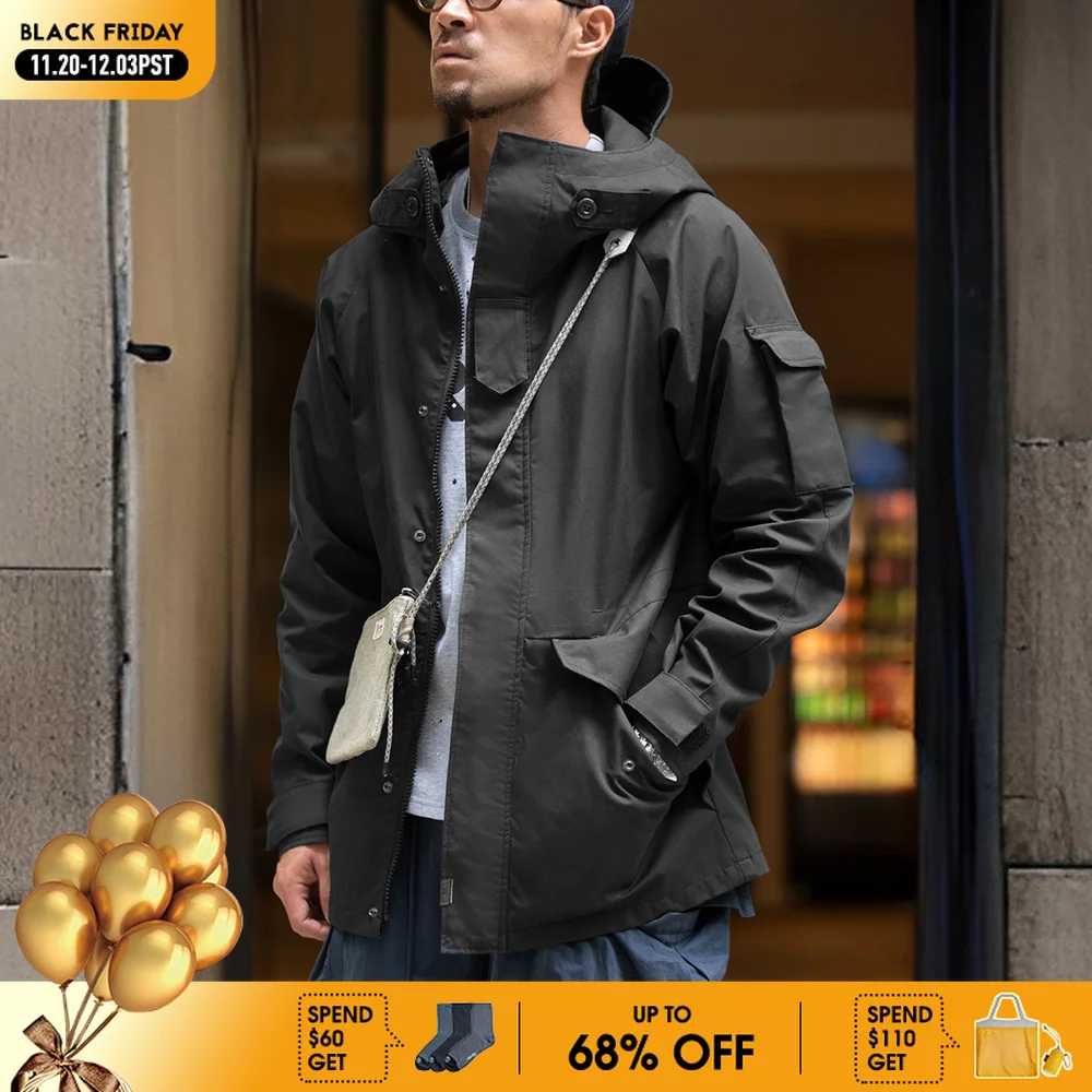 

Maden Men Black Outdoor Sports Hooded Jacket Windbreaker Motorcycle Style Outwear Mid-length with Multi-pockets Coat for Autumn