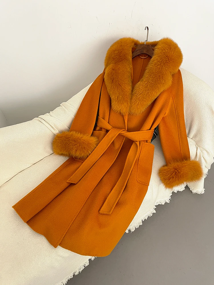 2025 الشتاء سيدة فضفاضة ترتيب الأسرة طوق ملابس خارجية النساء ريال فوكس الفراء الصوف يمزج معطف سترة أنيقة طوق مكتب