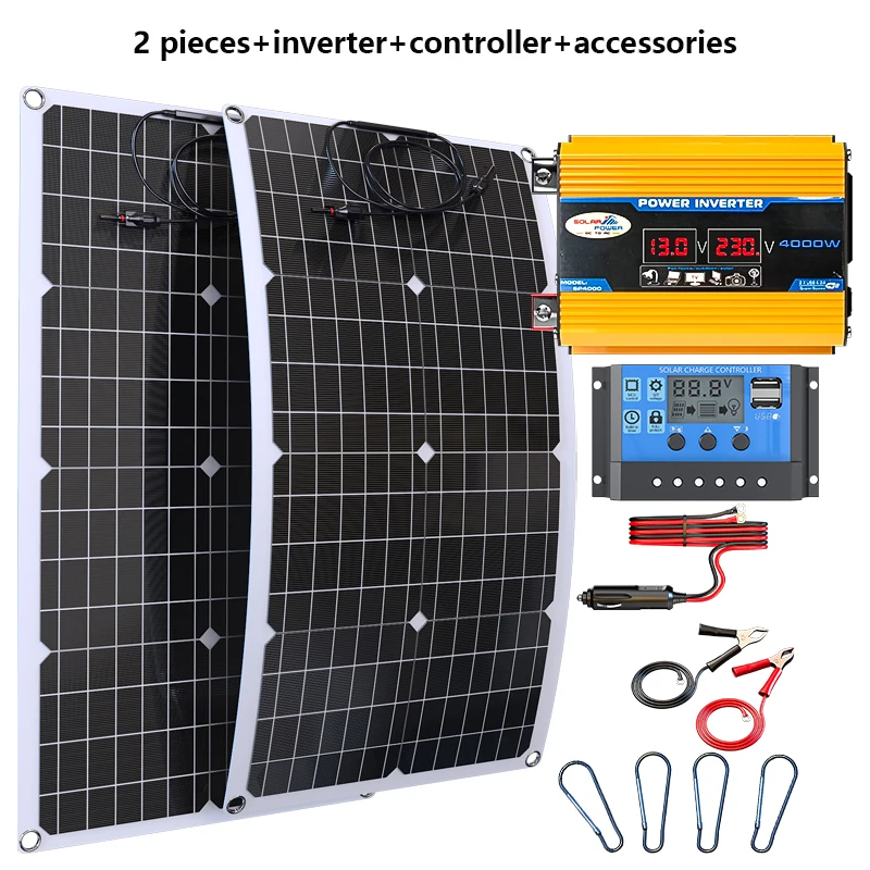 2000W 110V 220V Flexible Solar Panel System 12V Battery Charger Controller 4000W Inverter Kit Complete for Home Outdoor Capming