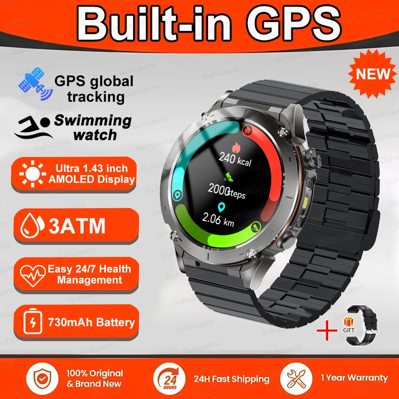 GUHUAVMI [Weltpremiere] Robuste GPS-Smartwatch, 1,43 Zoll AMOLED-Display, Bluetooth-Telefonanrufe, LED-Taschenlampe, IP68, wasserdichtes Sportarmband 4