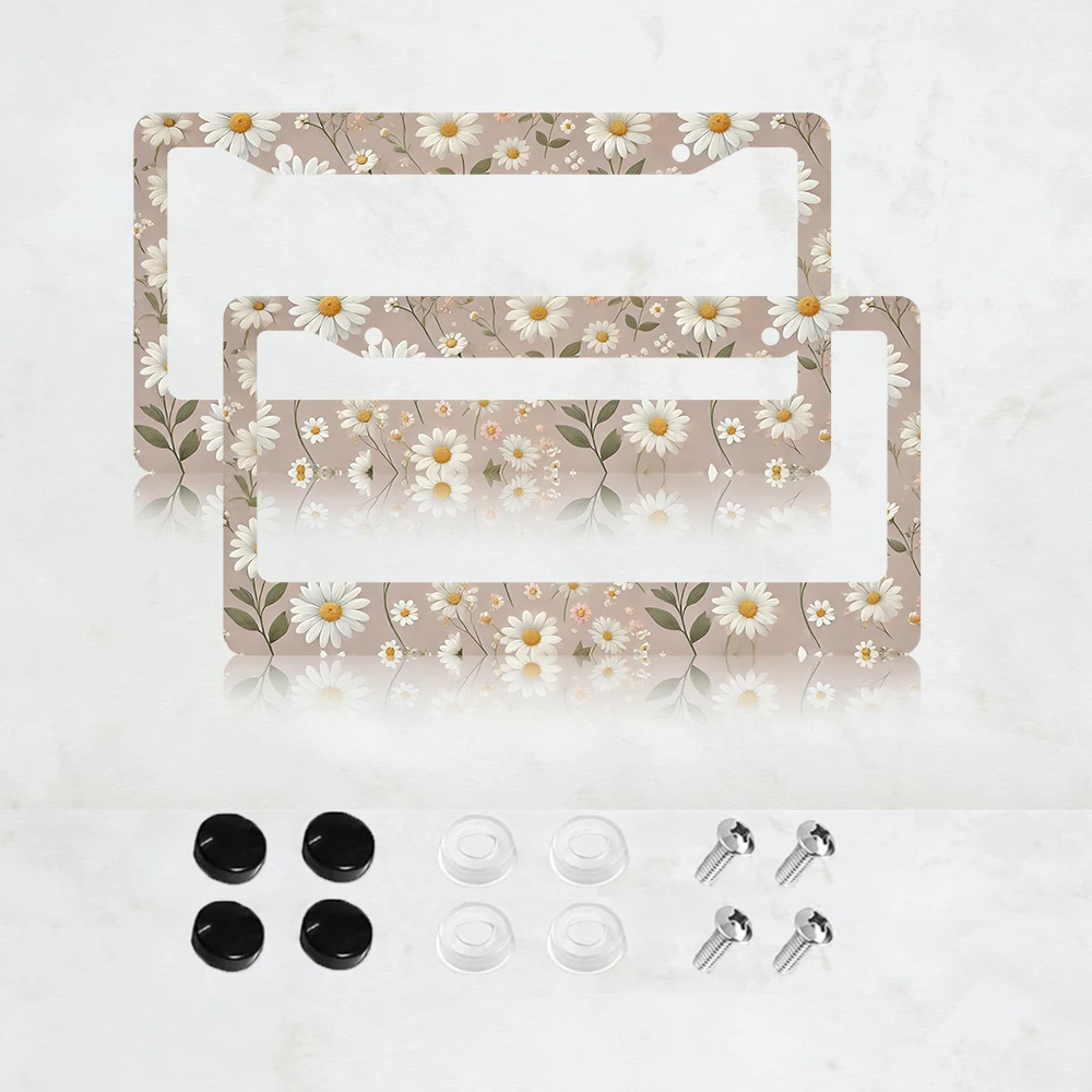 

2 шт. розовых алюминиевых рамок для номерных знаков с декором «Маргаритки» и колпачками для винтов