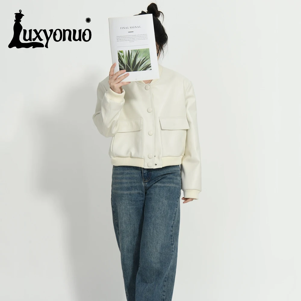 Luxyonuo-abrigo de piel de oveja para mujer, chaqueta de cuero auténtico, mangas completas, Color sólido, moda de primavera y otoño