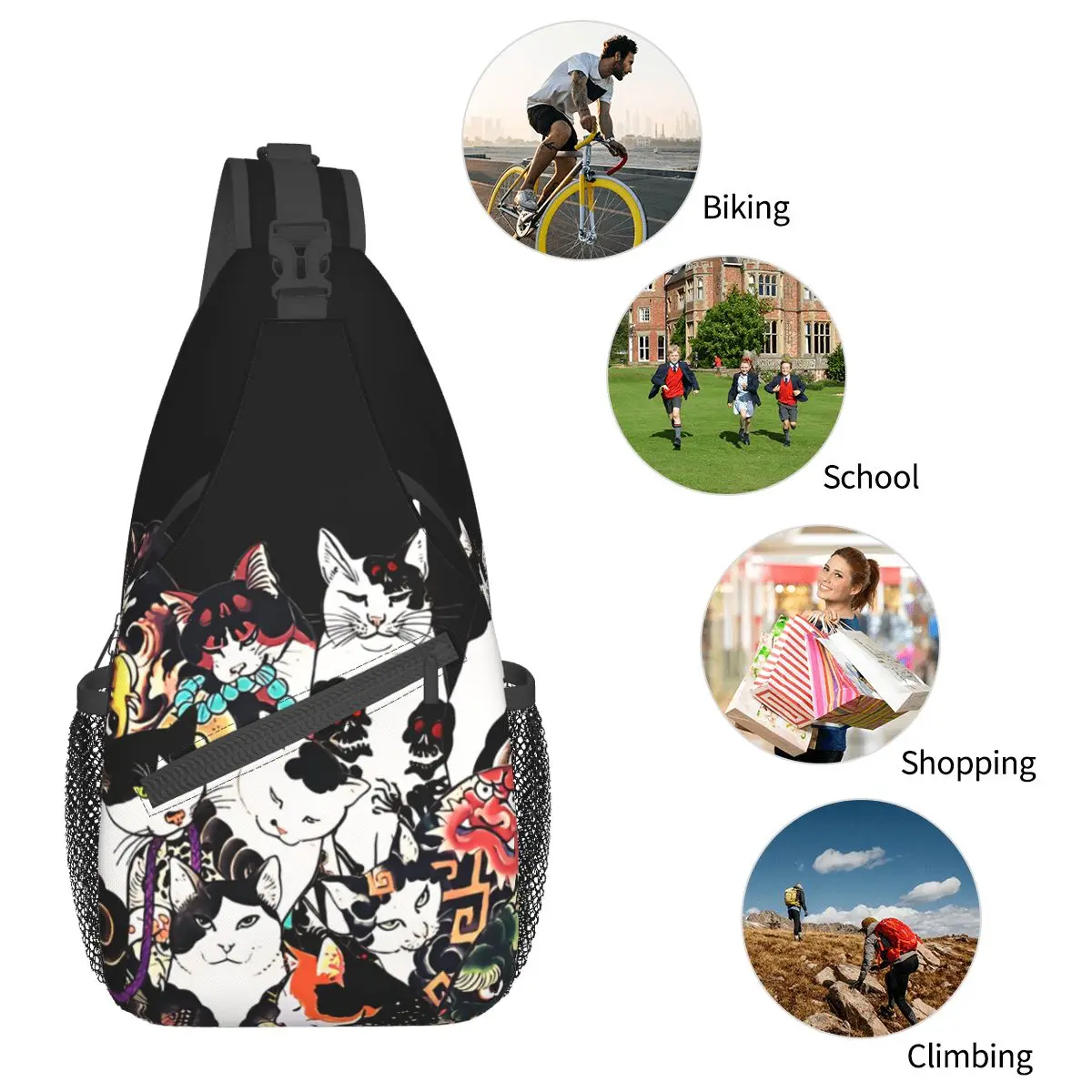 Impressões japonesas Xilogravura Gatos Tatuagens Crossbody Peito Sacos Arte Tatuagem Bolsos Travel Pack Mensageiro Esportes Adolescentes Bolsa de Ombro