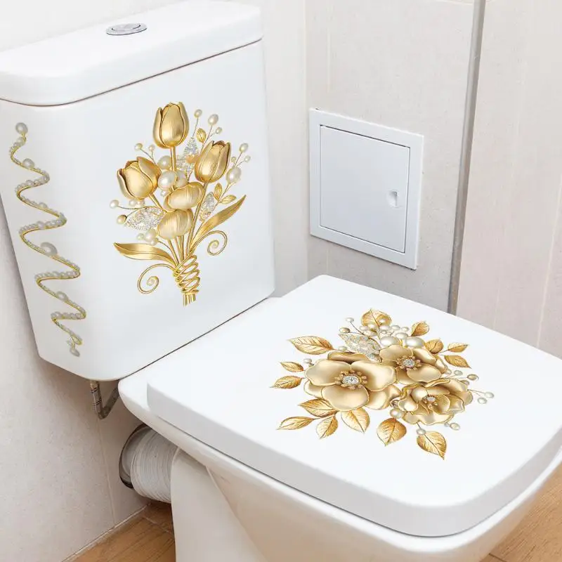 2 Sheets Bathroom Wall Background Decal Gold Flower Pearl Waterproof Toilt Sticker Home Decoration Self-adhesive Posters