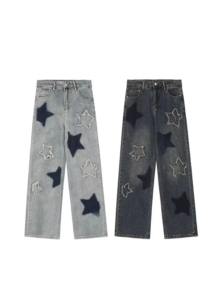 2023 Korean Y2K Fashion Star Embroidery Baggy Stacked Jeans Pants For Women Clothes High Waist Straight Vintage Lady Trousers