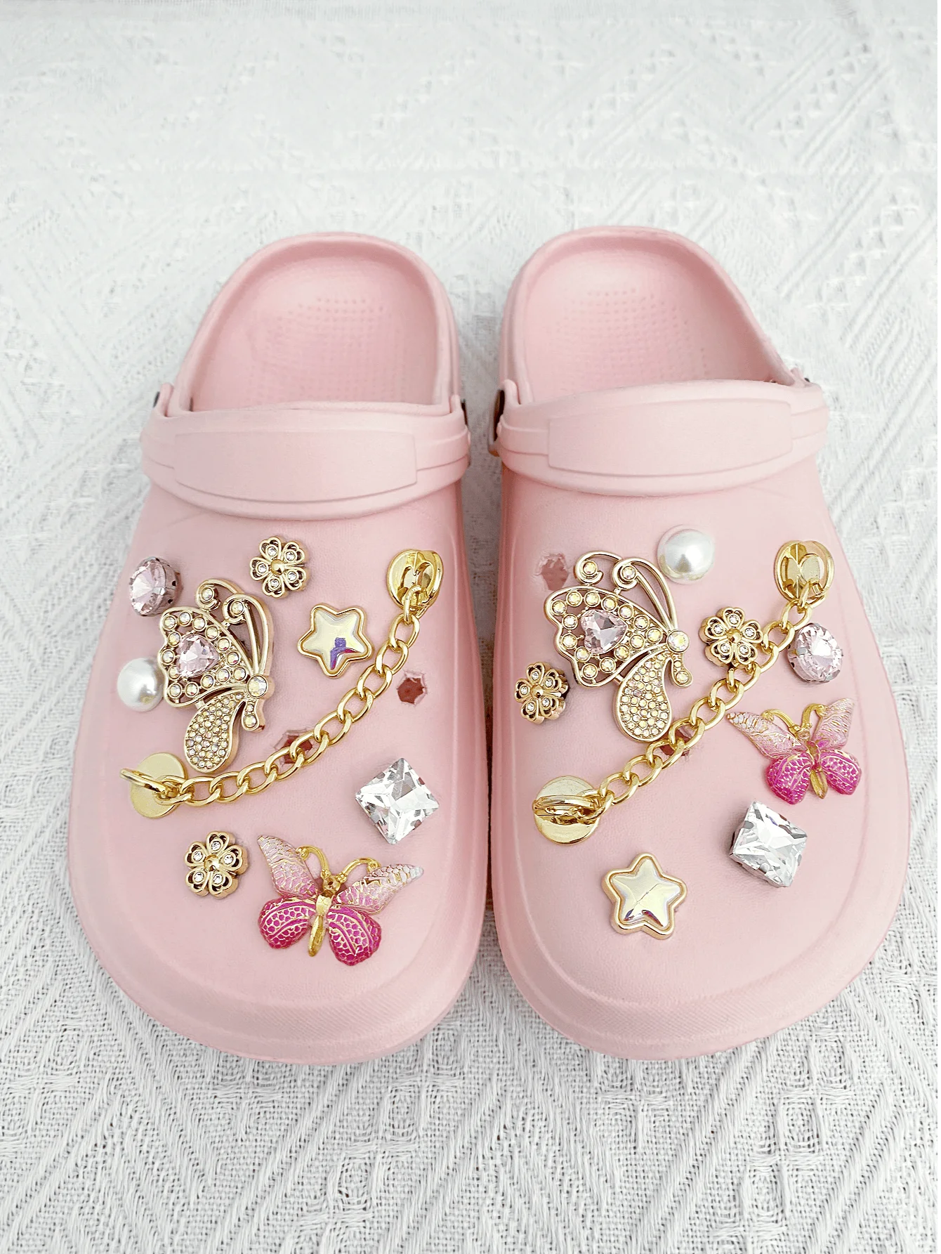 골드 체인 18개, ABS 다이아몬드 나비, 꽃, 별, 핑크 나비, 핑크 ABS 다이아몬드, 화이트 ABS 스퀘어 다이아몬드 슈즈