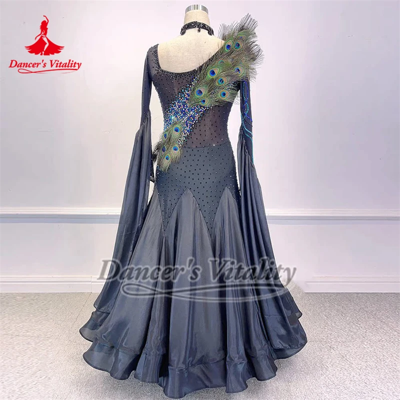 Foxtrot valse bleu marine manches longues robes de plumes de paon collier inclus personnaliser danse sociale vitalité de danseur vêtements
