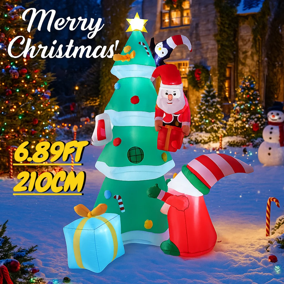 6.89FT Inflatable Toy Christmas Tree Decoration Set Festive Gift LED Santa Penguin Gift Box Xmas Yard Supplie Xmas Home Ornament