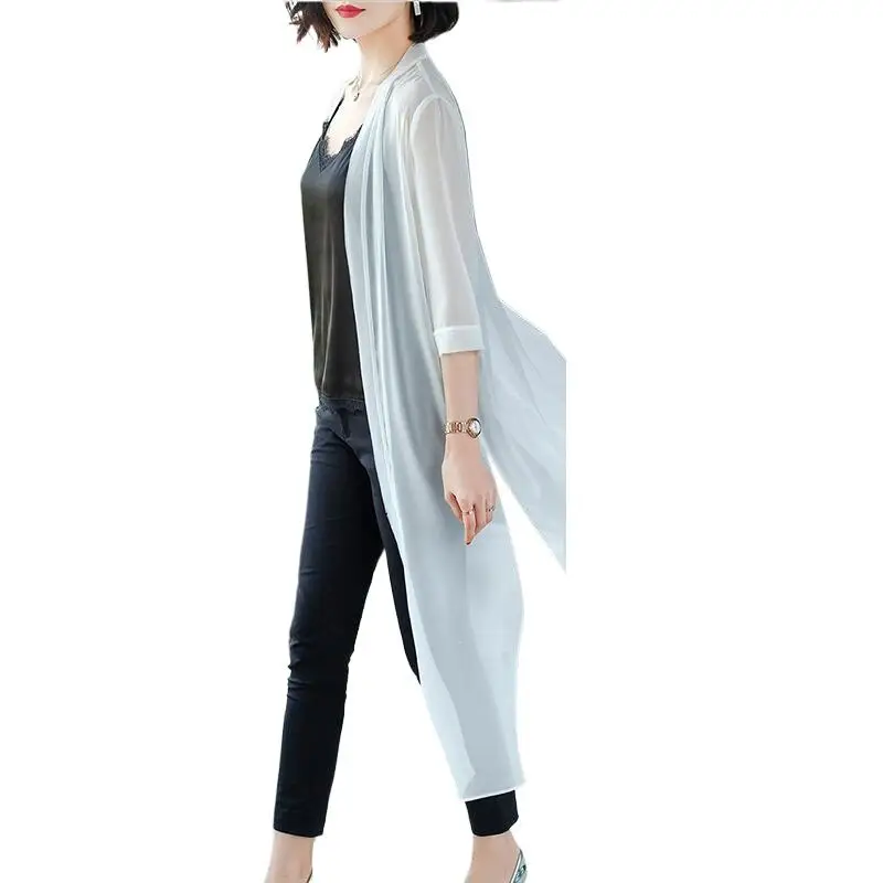 

2024 Chiffon Kimono Cardigans New Fashion Women Summer Vintage Elegant Long Blouses Office Ladies Shirts long poncho black white