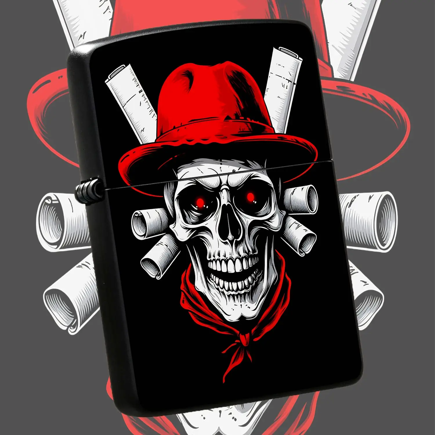 Creative Skull Red Hat Design Lighter, Stylish White Scroll Pattern Portable Igniter, Cool Atmosphere Accessory for Daily Outdoor Gathering, Unique Nice Gift for Friends, Reliable Ignition Tool for All Scenarios A Humorous And Interesting L