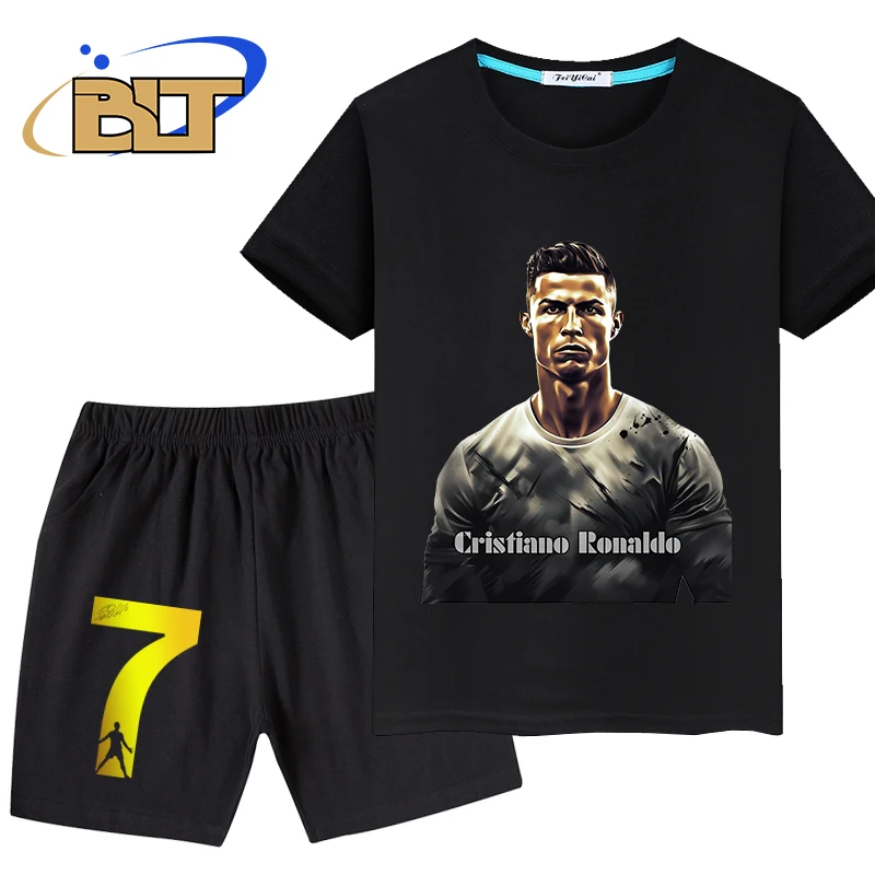 Ronaldo printed summer children's T-shirt suit sports short-sleeved shorts 2-piece set suitable for boys and girls