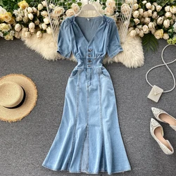 Vintage V-Neck Women Denim Dress Summer Short Sleeve Mermaid Dresses Female Slim Long Jean Slit Vestidos