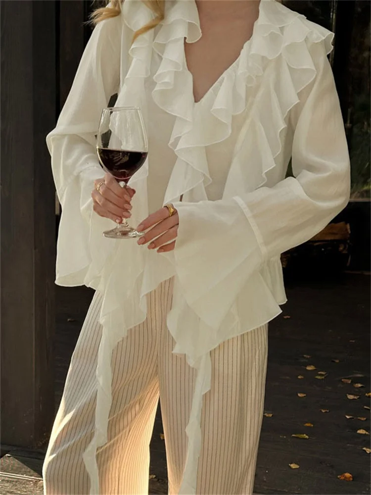Tossy Ruffled Chiffon Casual Shirts Top Women's See-Through Loose Patchwork V-Neck Summer 2025 Pullover Solid Female Blouse Top