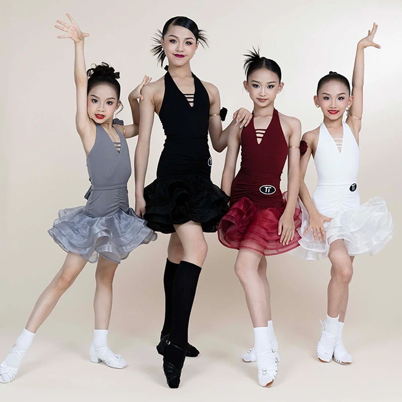 2024 New Latin Dance Dress For Girls Sexy Hanging Neck One-Piece Fluffy Skirt Chacha Rumba Tango Kids Latin Clothing  DN18675