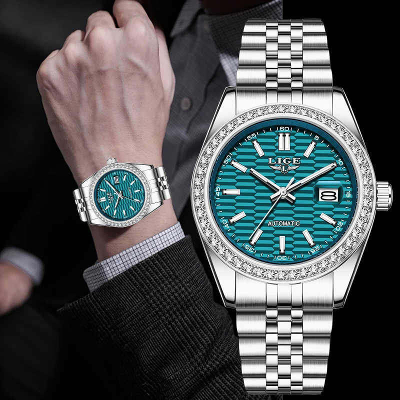 

LIGE модные роскошные механические мужские часы для бизнеса из нержавеющей стали с датой водонепроницаемые часы с автоматическим механизмом и бриллиантами для мужчин + коробка