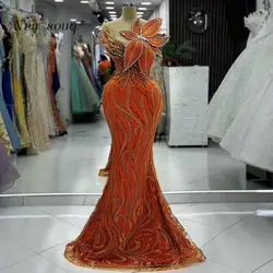 Alloy Orange Long Mermaid Evening Party Dresses 3D Leaf Designs Beaded Crystals Formal Occasions Dinner Gowns Customized