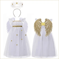 Cosplay Angel Dress for Kids Gold  Wings Children Halloween Costumes Christmas Queen Princess Girl Skirt Feather Headband Set