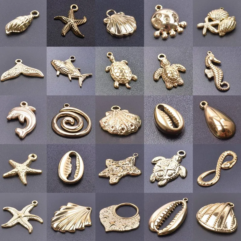 10pcs Wholesale Real Gold Plated Marine Animal Charm Shell Seahorse Fish DIY Stainless Steel Pendant For Jewelry Making Supplies