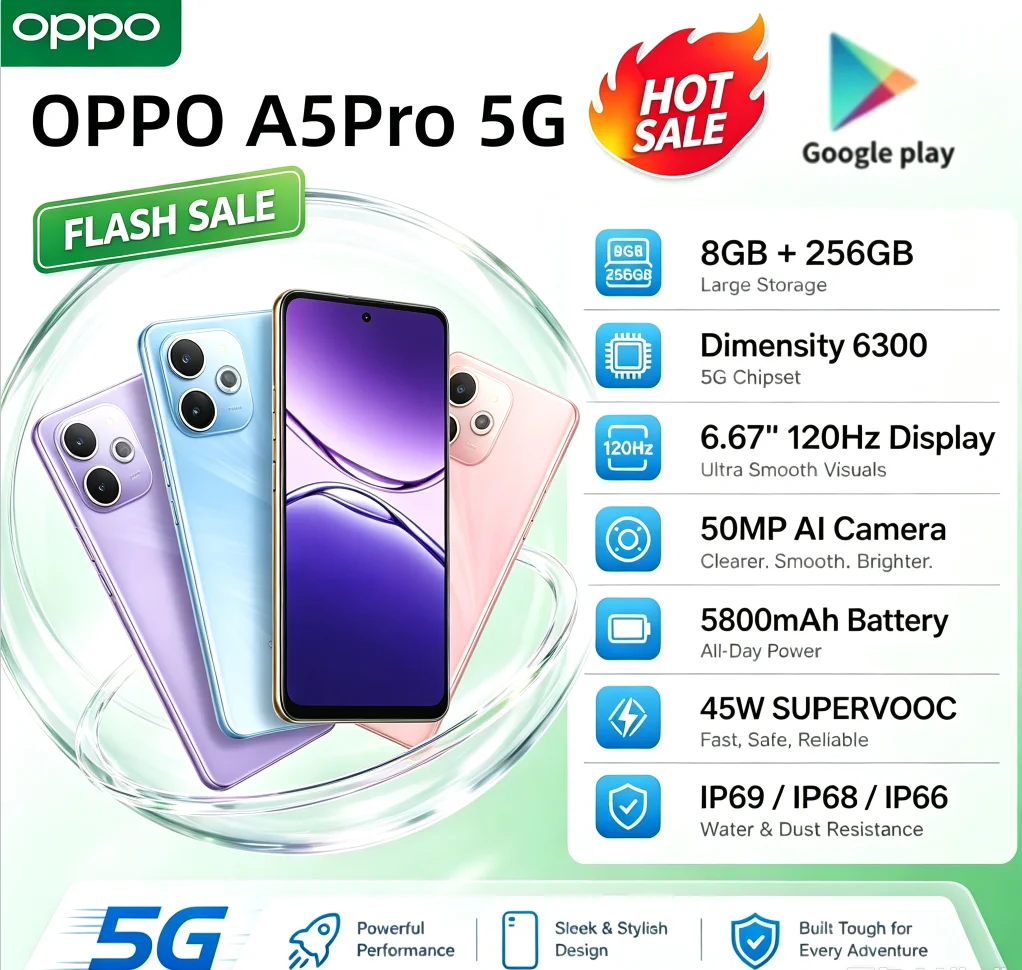 Top Choice 2026 OPPO A5Pro Global Unlocked Dual‑SIM Cellphone 8GB+256GB Ample Storage 6.5‑Inch HD+ Waterdrop Screen MediaTek