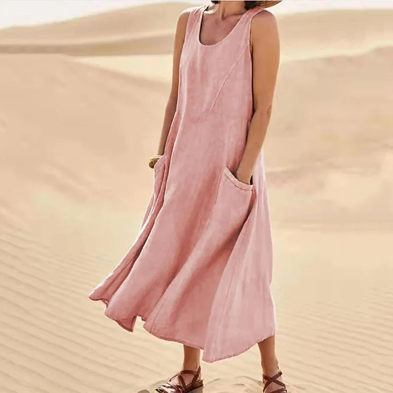 new Summer Women Sleeveless Sundress Elegant Round Neck Cotton Linen Solid Long Tank Dress Vintage Pockets Beach Vestidos 2023