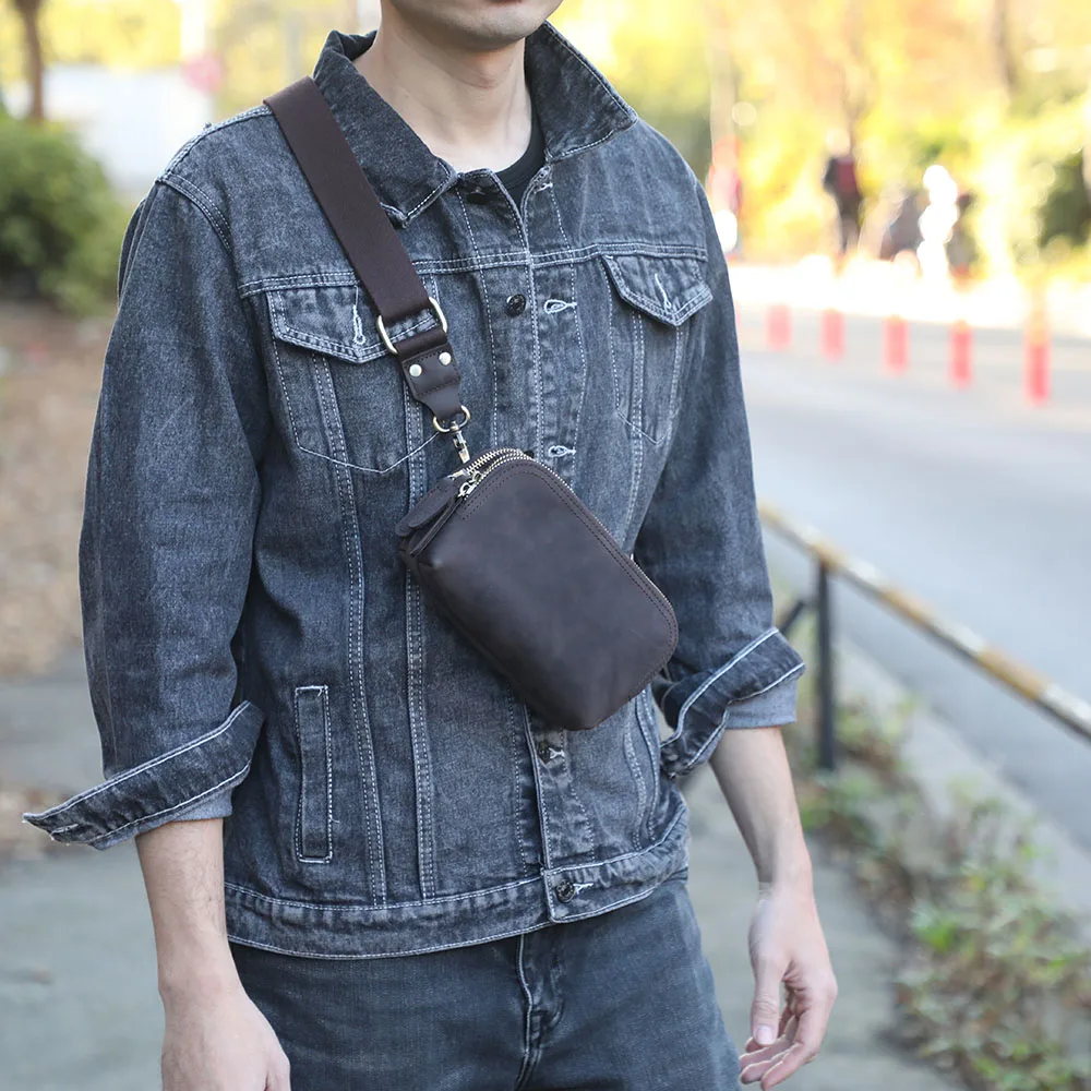 Echte Leder-Umhängetasche für Herren, Multifunktionale Clutch-Tasche, Schlichte Modische Handytasche aus Rindsleder, Oberste Schicht Rindsleder – Detail 5